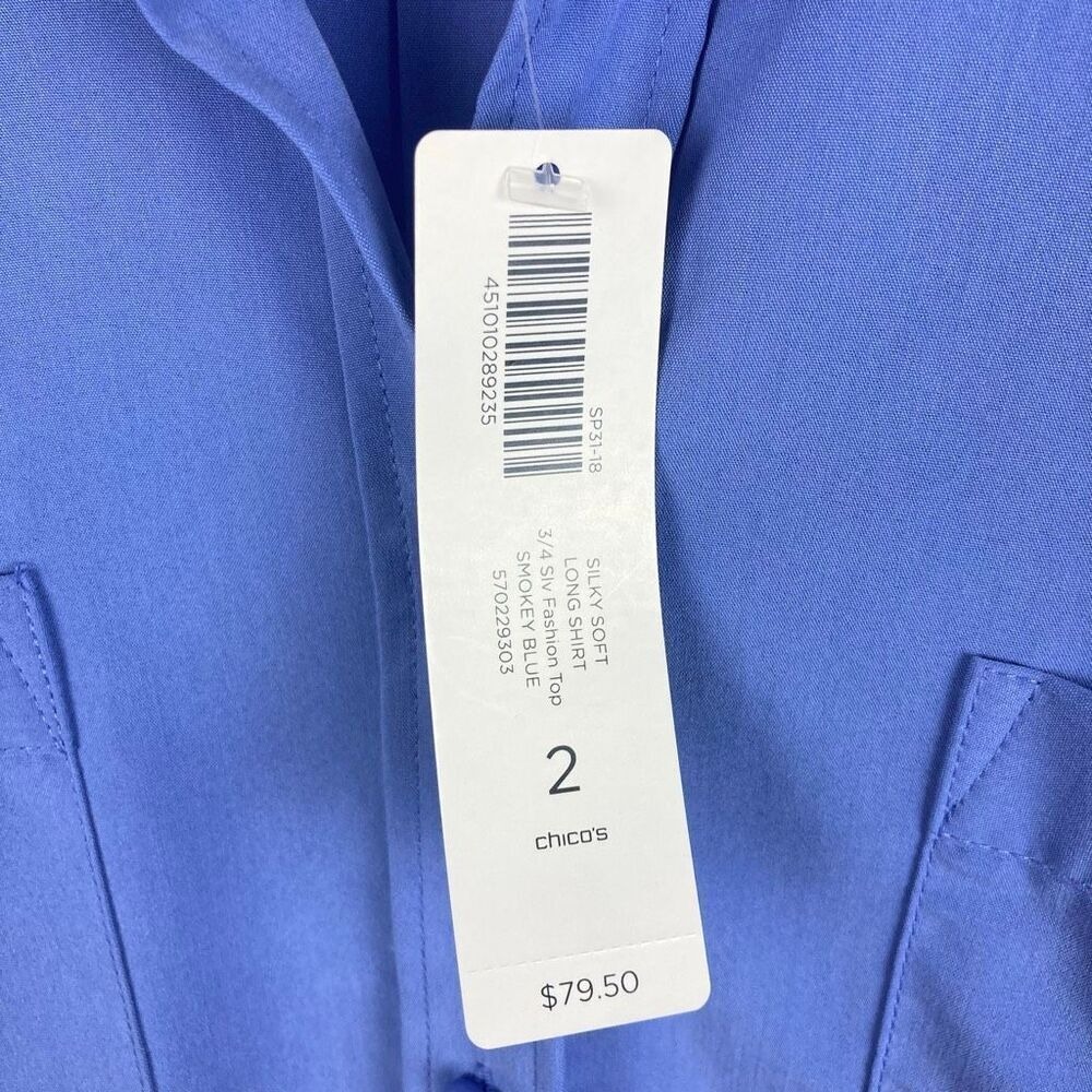 Chico's Silky Soft Long Shirt Button Front Short Sleeve Top Smokey Blue sz 2/ L - Picture 4 of 8